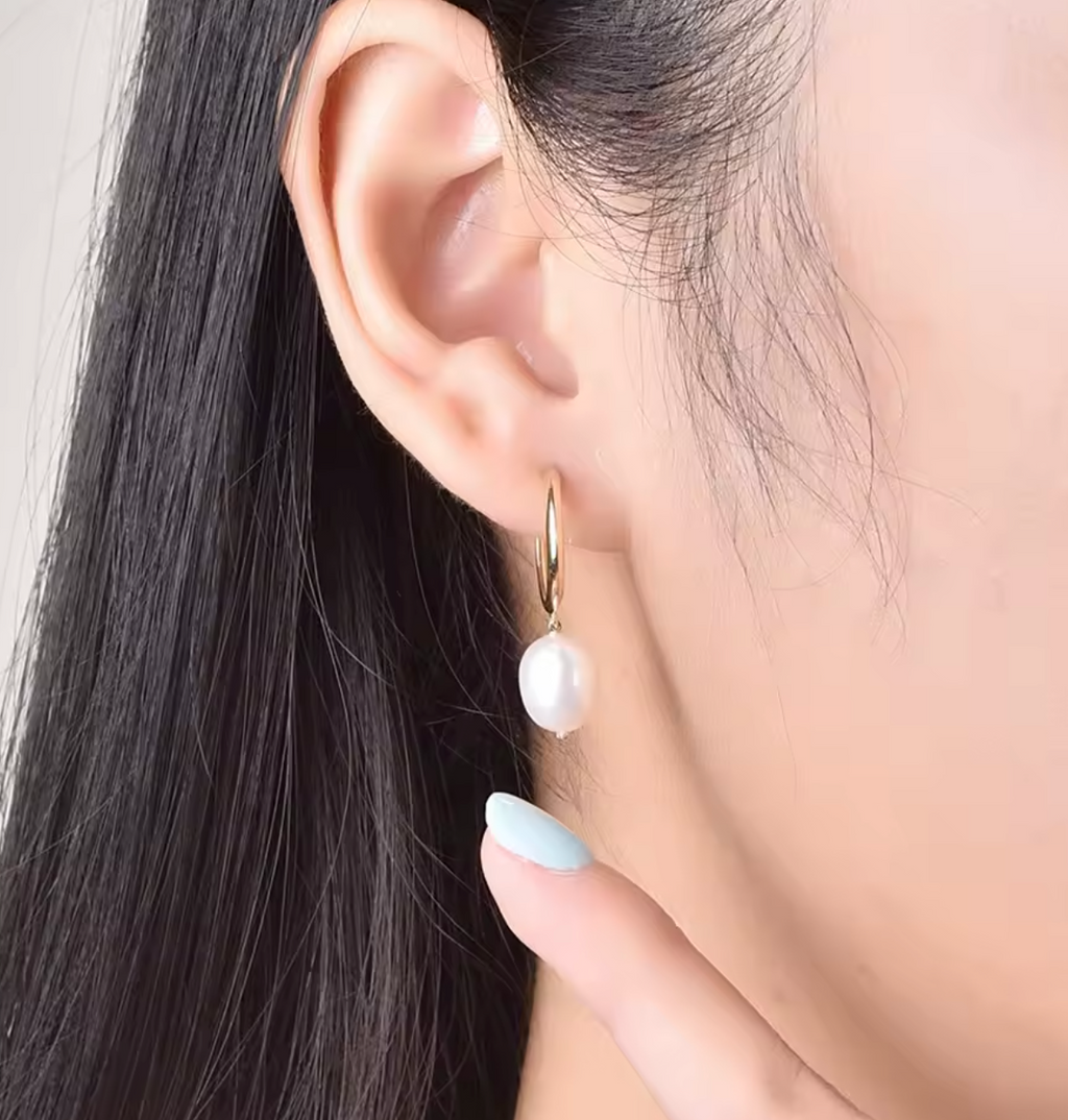Natural Freshwater Pearl Pendant Hoop Earrings for Women
