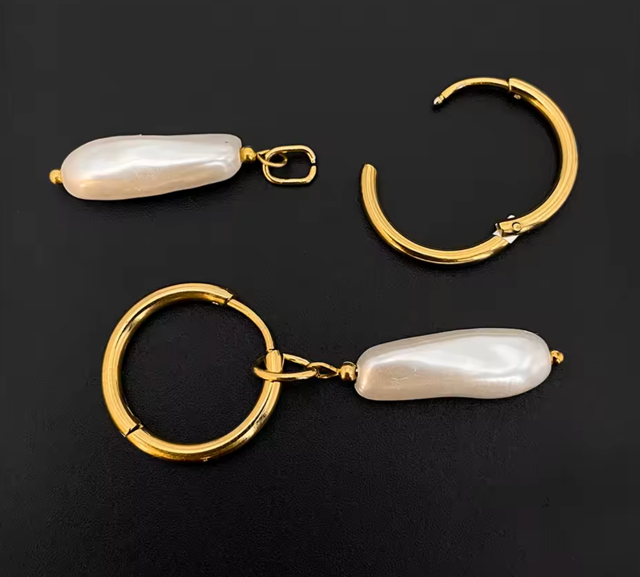 Gold Color Stainless Steel Hoop Earrings with Long Imitation Pearl