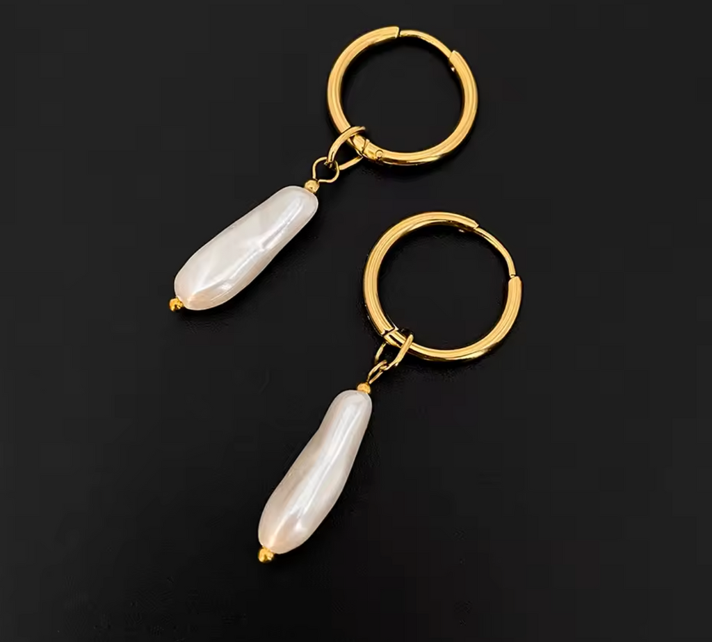 Gold Color Stainless Steel Hoop Earrings with Long Imitation Pearl