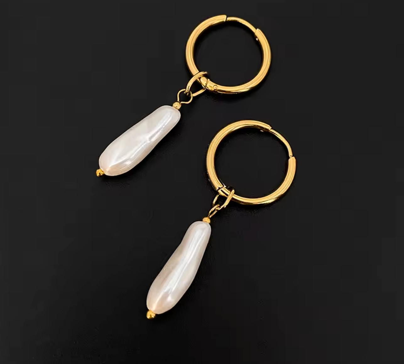 Gold Color Stainless Steel Hoop Earrings with Long Imitation Pearl