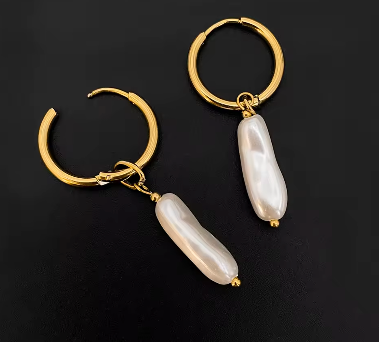 Gold Color Stainless Steel Hoop Earrings with Long Imitation Pearl