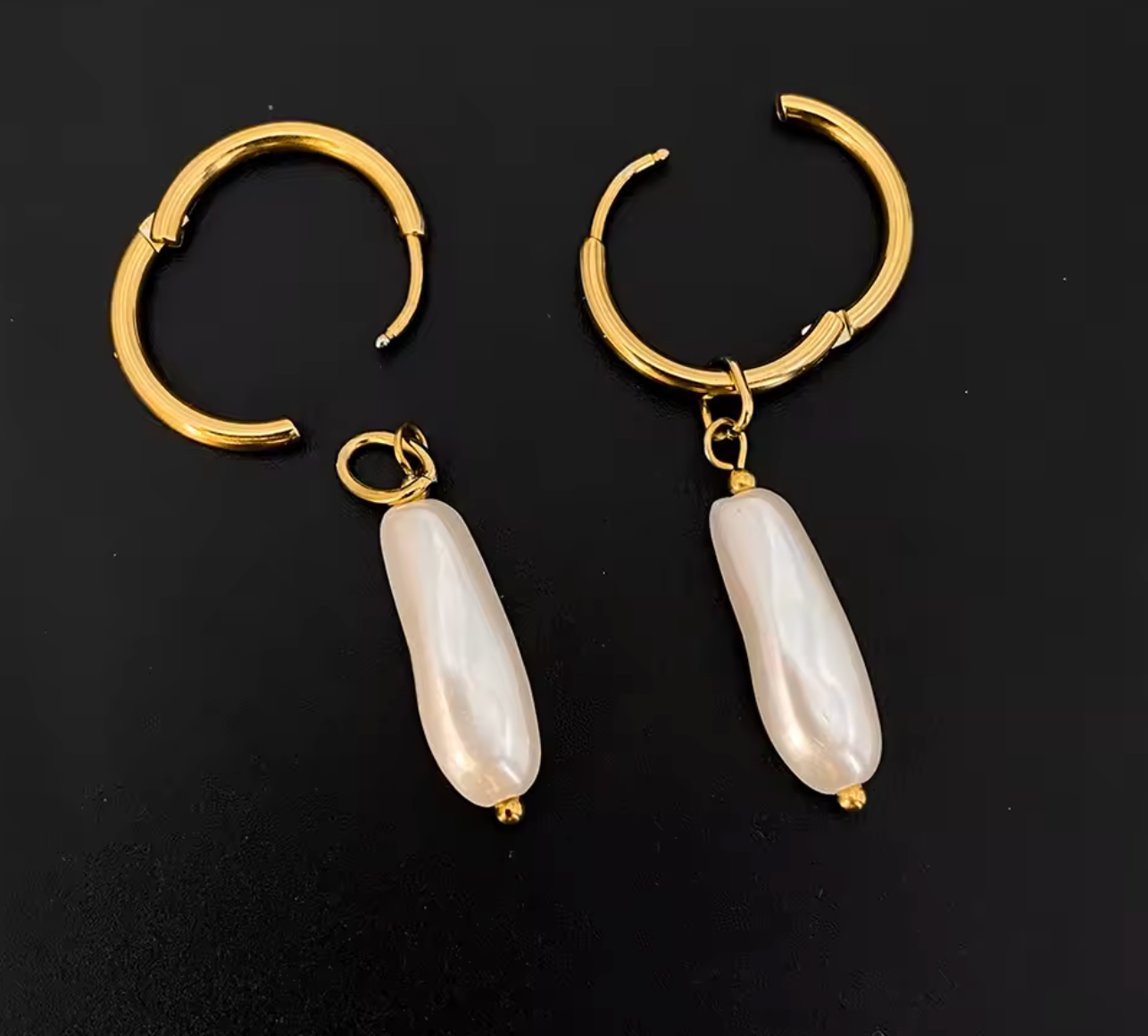 Gold Color Stainless Steel Hoop Earrings with Long Imitation Pearl