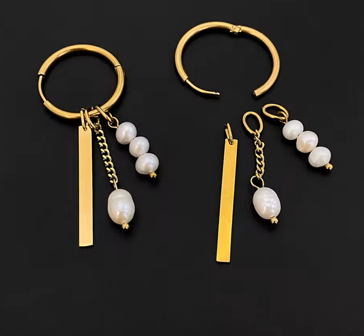 Gold Color Stainless Steel Bohemian Hoop Earrings with Pearl Tag Elements