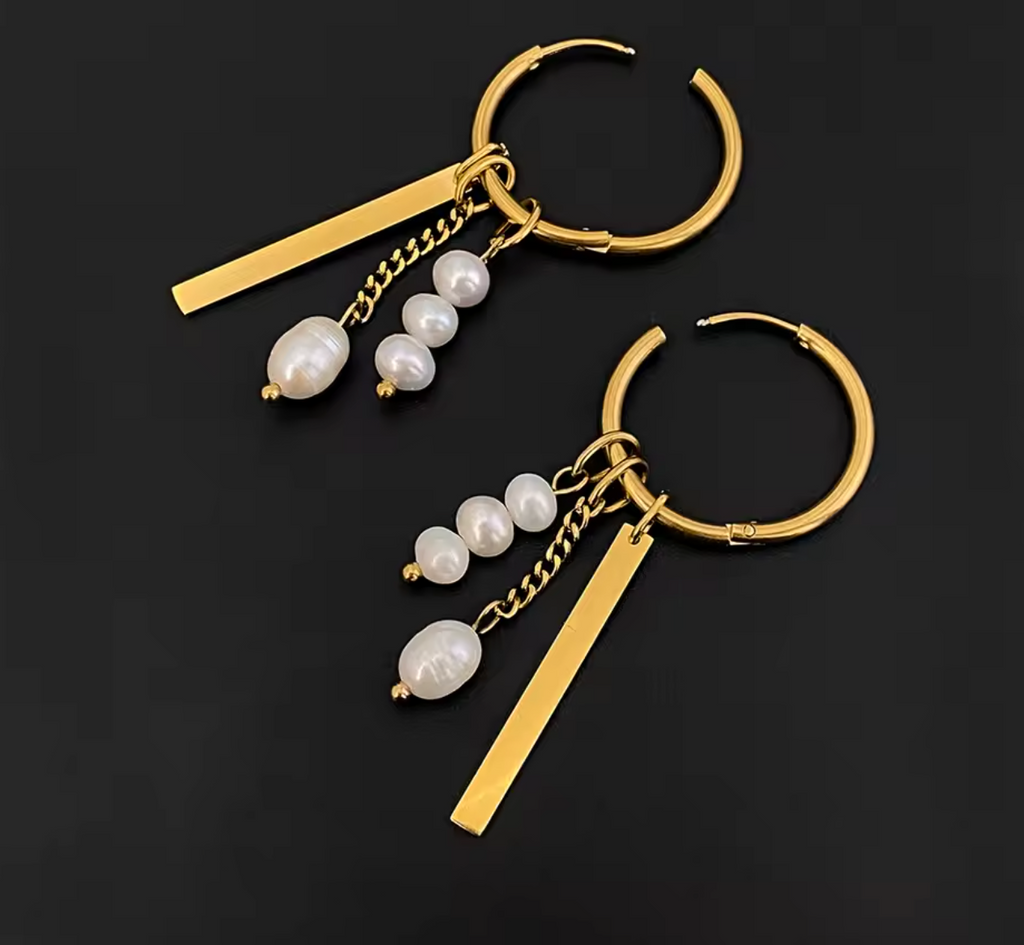 Gold Color Stainless Steel Bohemian Hoop Earrings with Pearl Tag Elements