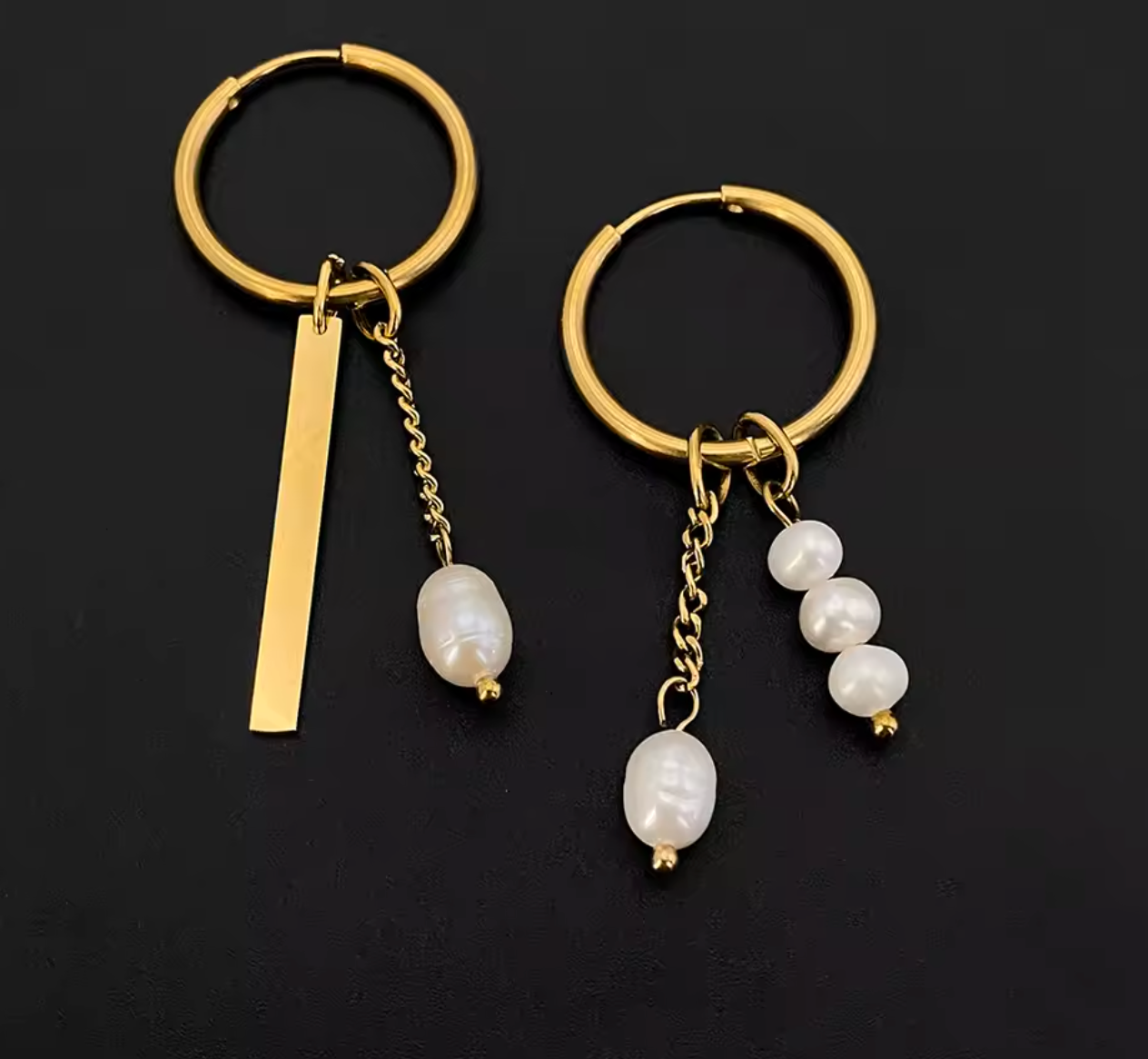 Gold Color Stainless Steel Bohemian Hoop Earrings with Pearl Tag Elements