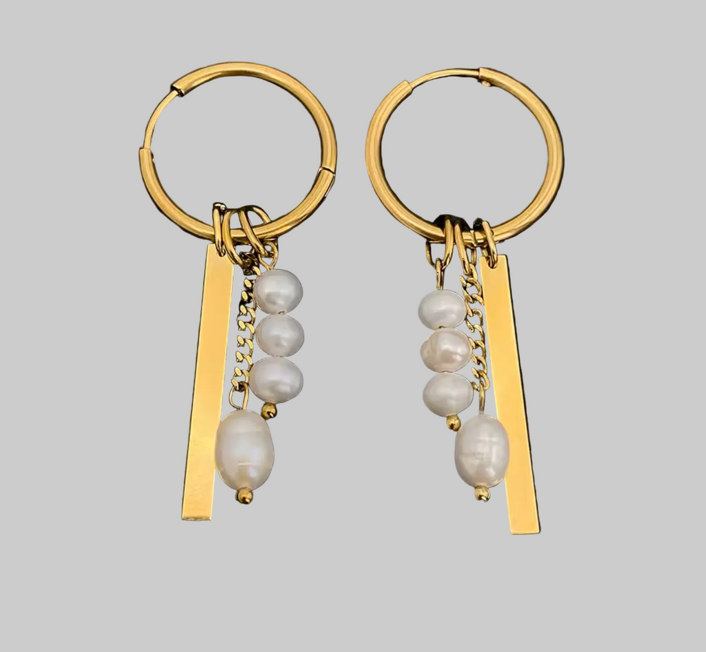 Gold Color Stainless Steel Bohemian Hoop Earrings with Pearl Tag Elements