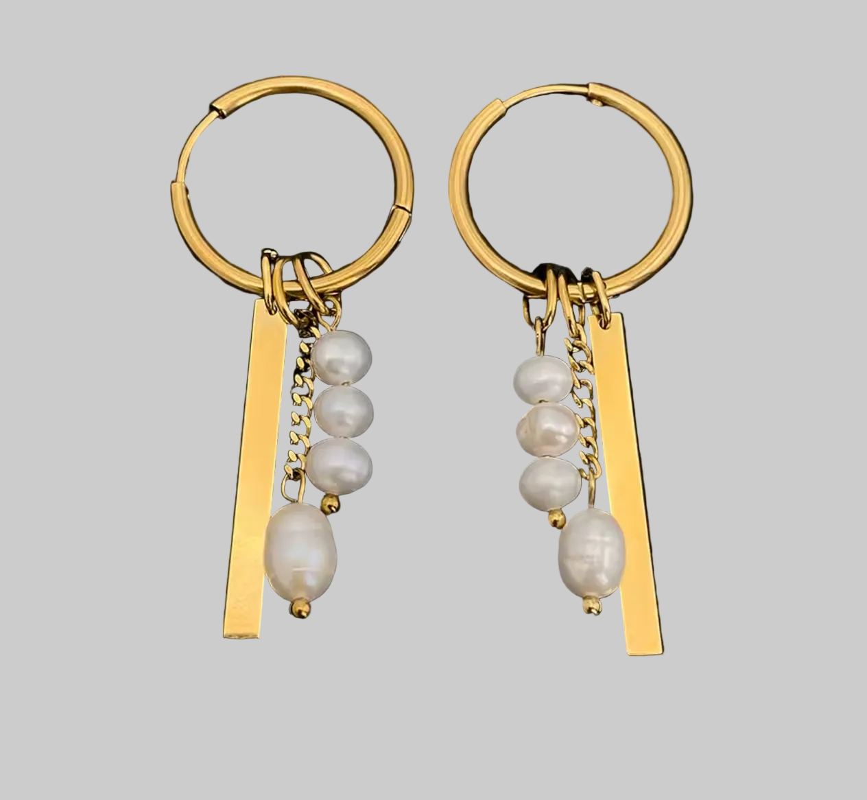 Gold Color Stainless Steel Bohemian Hoop Earrings with Pearl Tag Elements